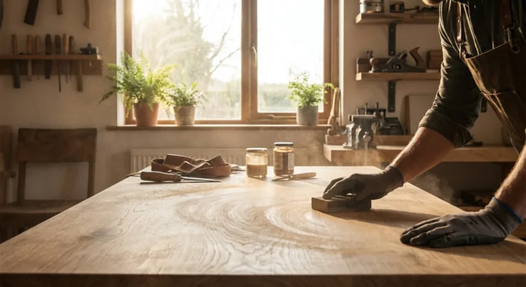 Close-up of a person sanding a wooden table in a sunlit DIY workshop with plants in the background.