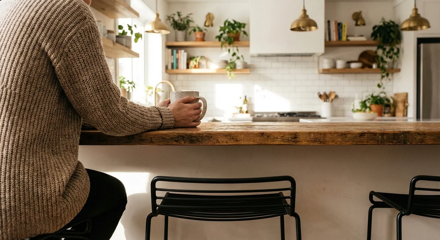 Close-up of a person sitting at a kitchen island stool during a morning break in a bright kitchen.