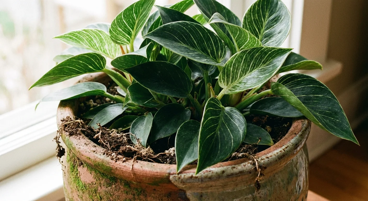 Close-up of a Philodendron Birkin plant growing densely in a small ceramic pot.