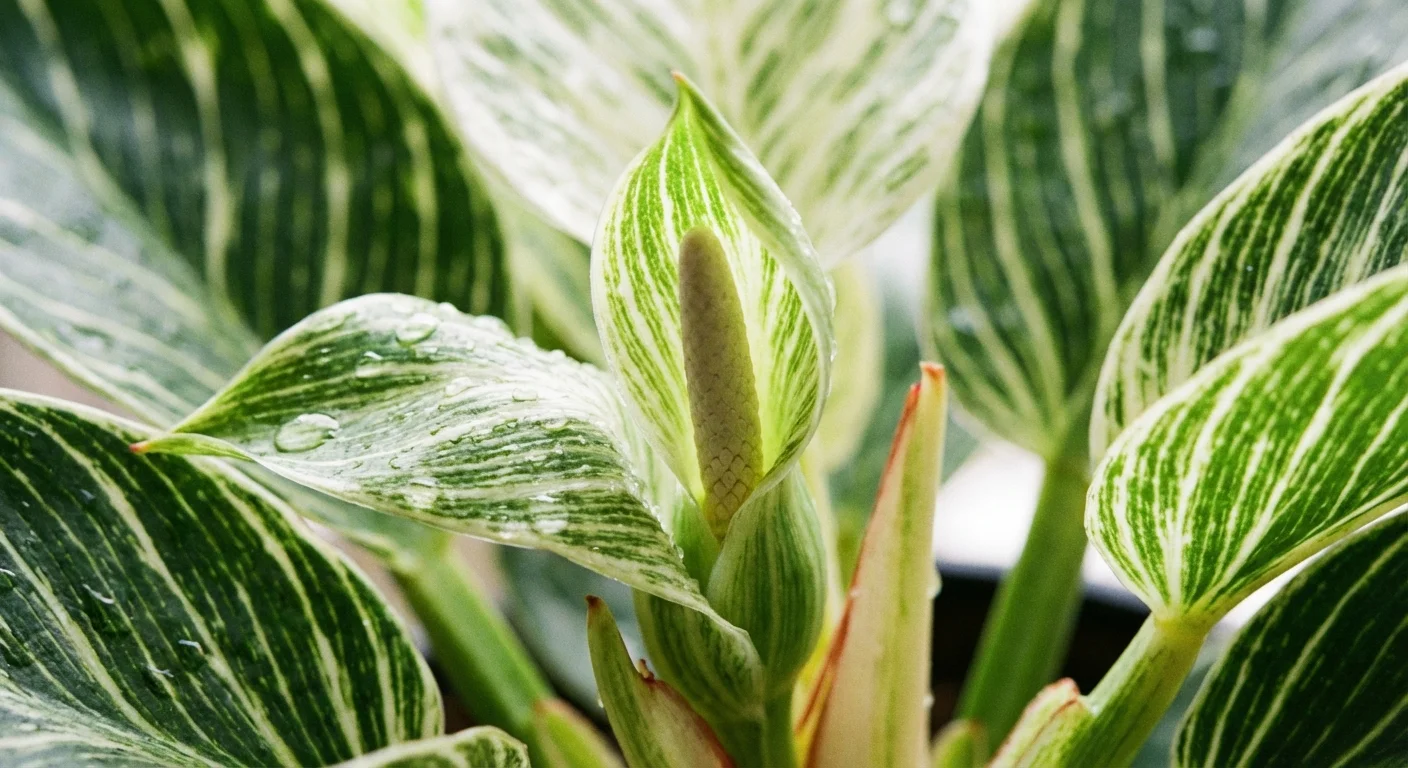 Close-up of a Philodendron Birkin's flower bract emerging from the center of the plant.