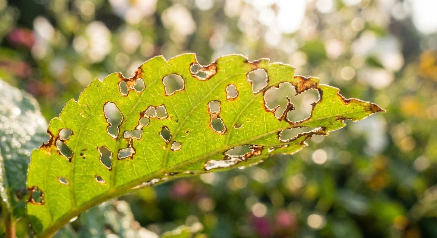 Close-up of a plant leaf showing typical earwig feeding damage.