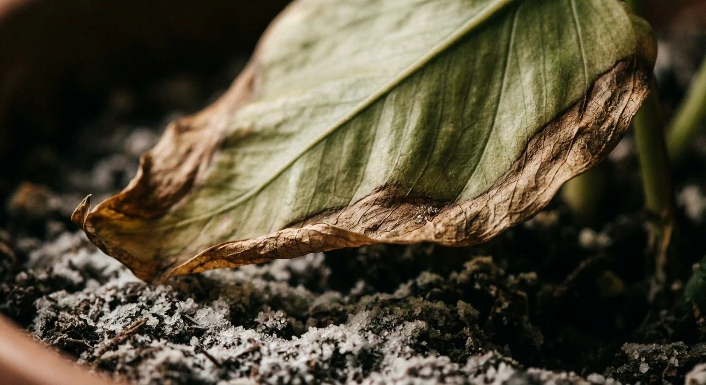 Close-up of a Pothos leaf with brown edges from over-fertilization.
