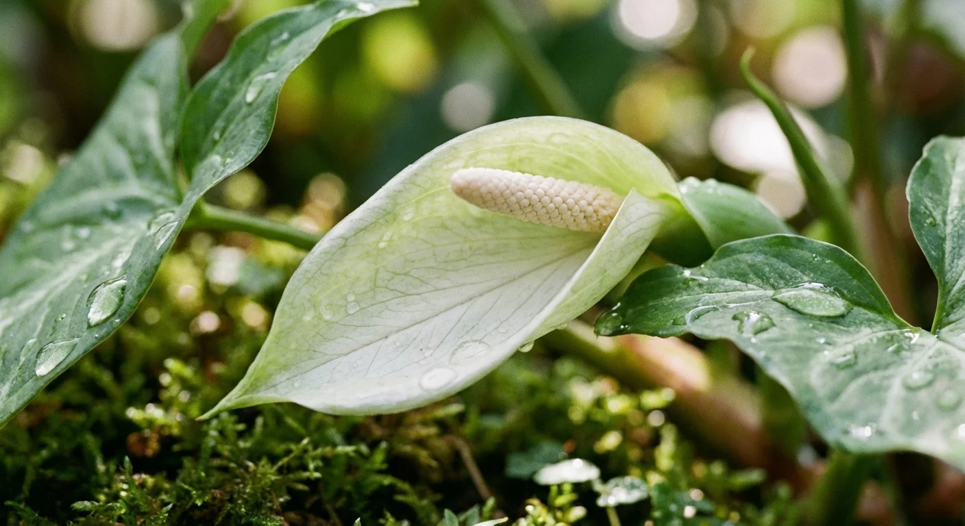 Close-up of a rare white and green Arrowhead plant flower among green leaves.