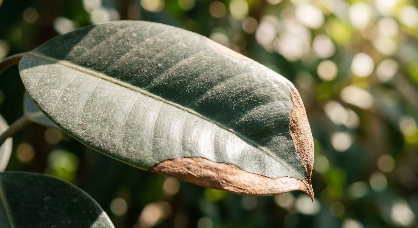 Close-up of a rubber plant leaf showing minor outdoor wear and dust.