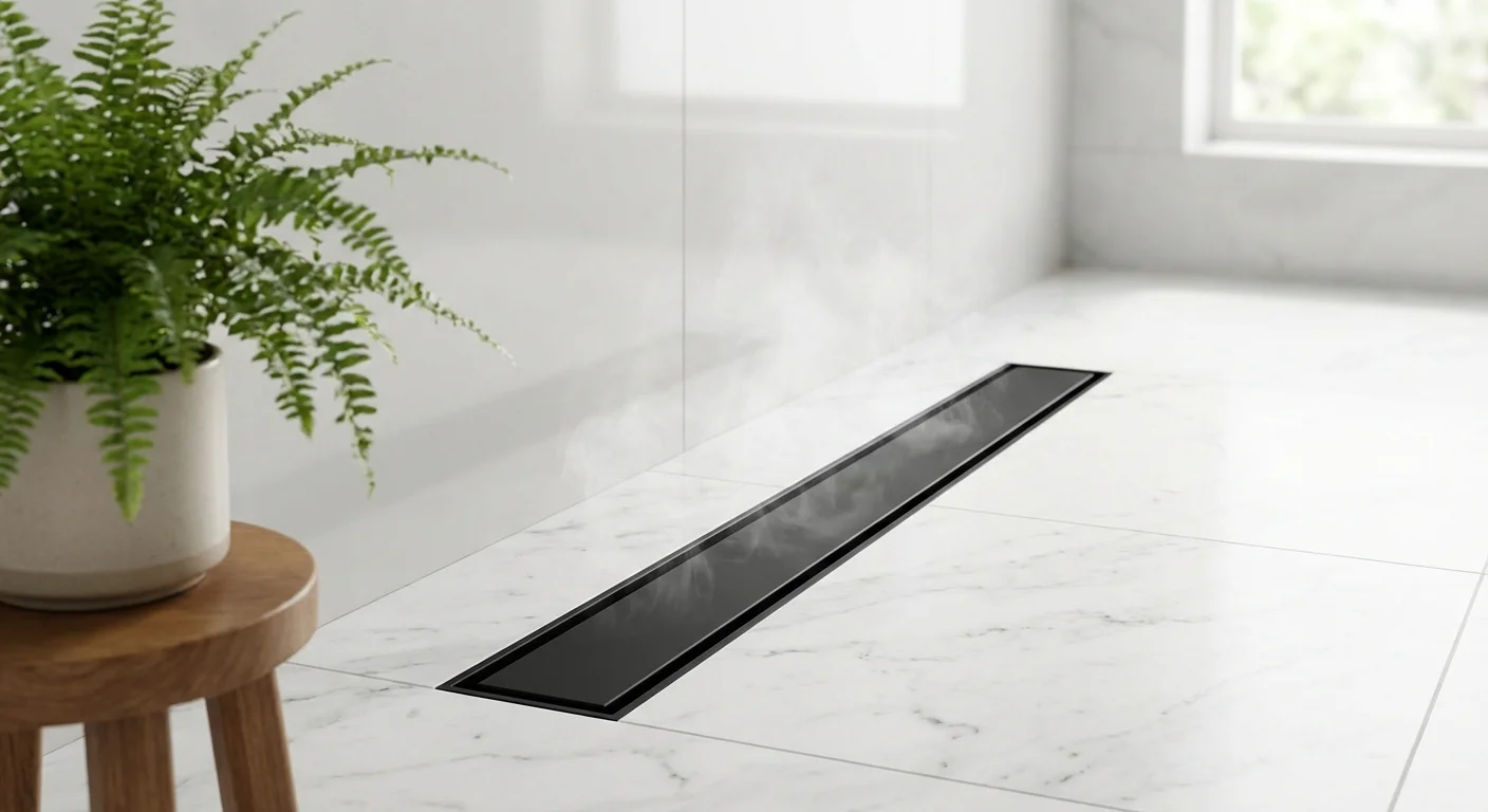 Close-up of a sleek shower drain on marble tile next to a green plant.