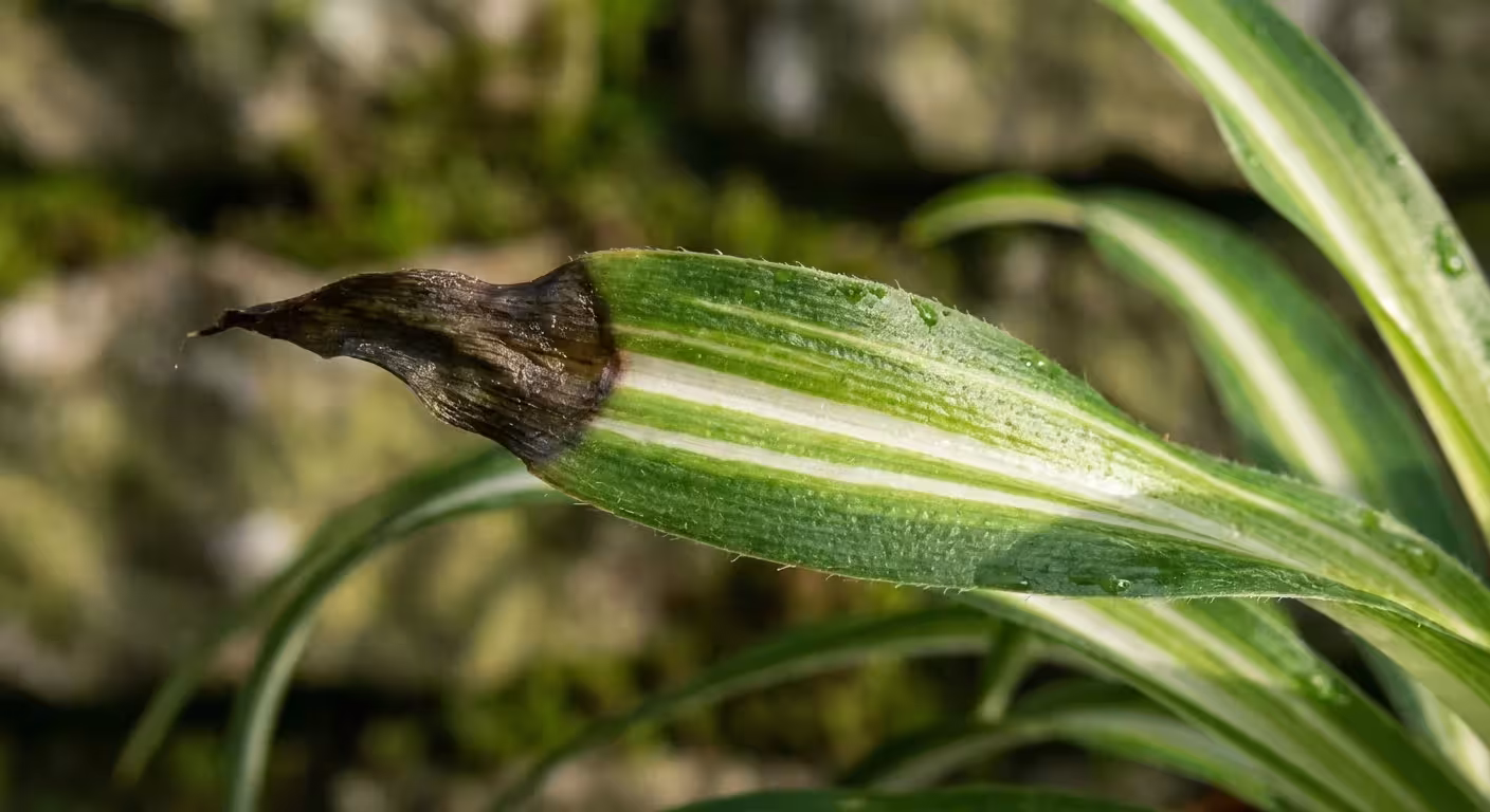 Close-up of a spider plant leaf showing brown, soft tips from overwatering.