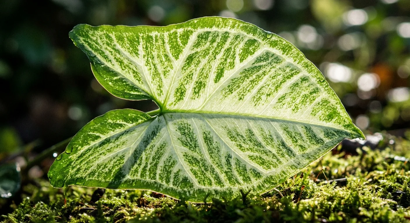 Close-up of a vibrant, variegated Arrowhead leaf showing healthy growth.