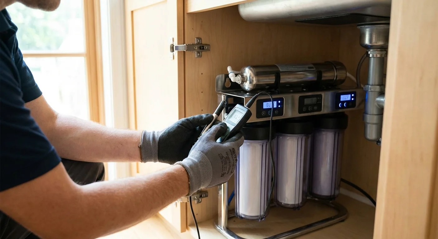 Close-up of a water filtration system being inspected under a kitchen sink.