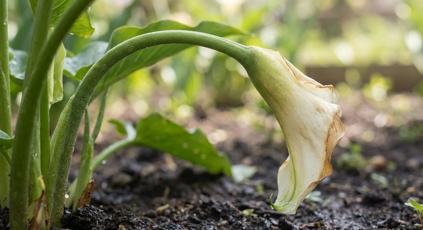 Close-up of a white Calla Lily stem wilting and bending downwards.