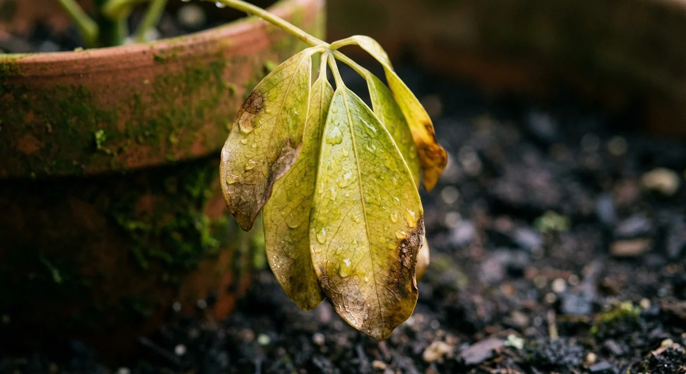 Close-up of a yellowing and drooping leaf on an umbrella plant.
