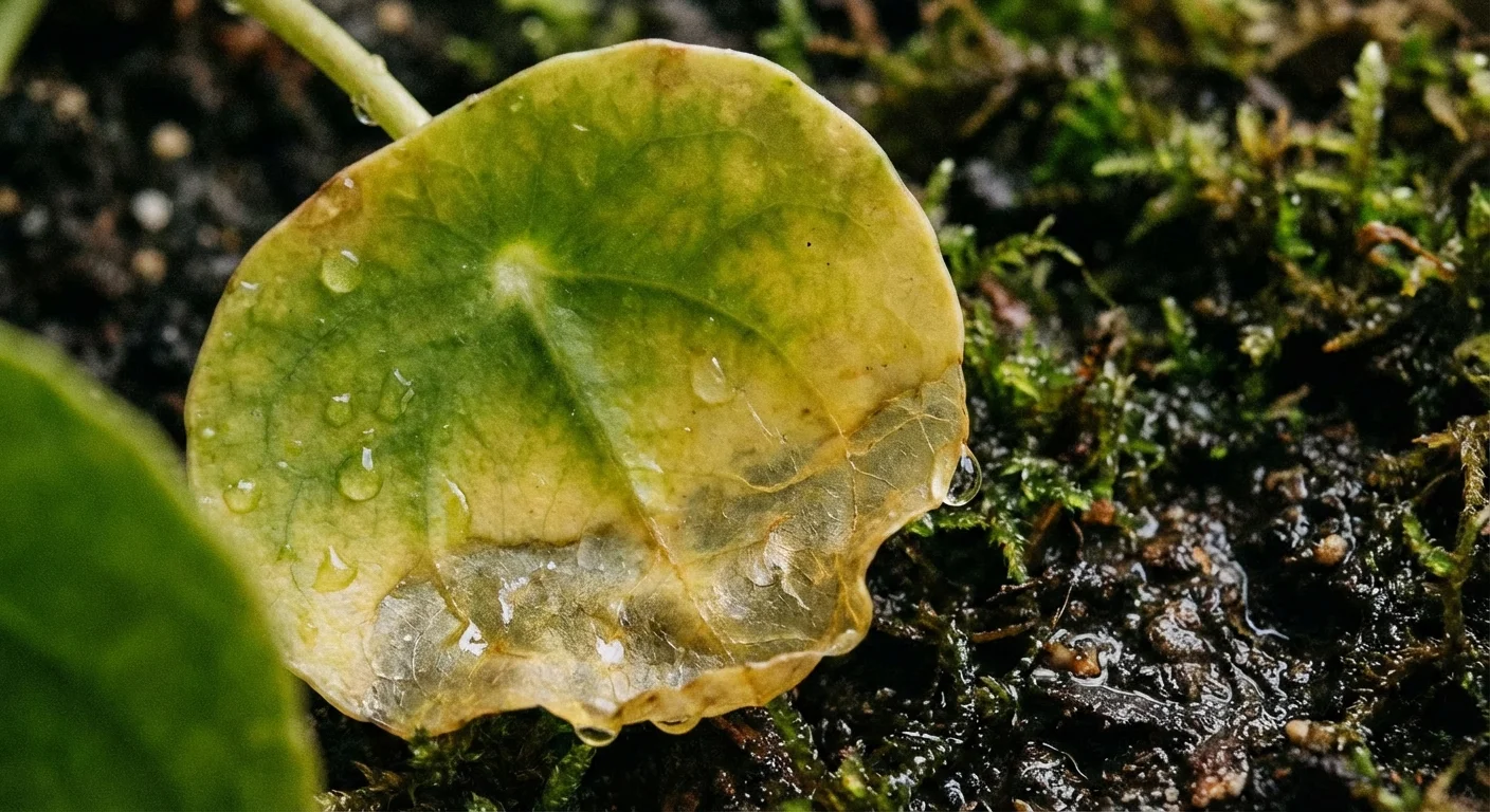 Close-up of a yellowing leaf on a Chinese Money Plant, a sign of overwatering.