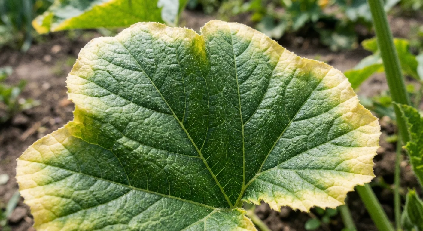 Close-up of a zucchini leaf showing yellowing edges and detailed leaf veins.