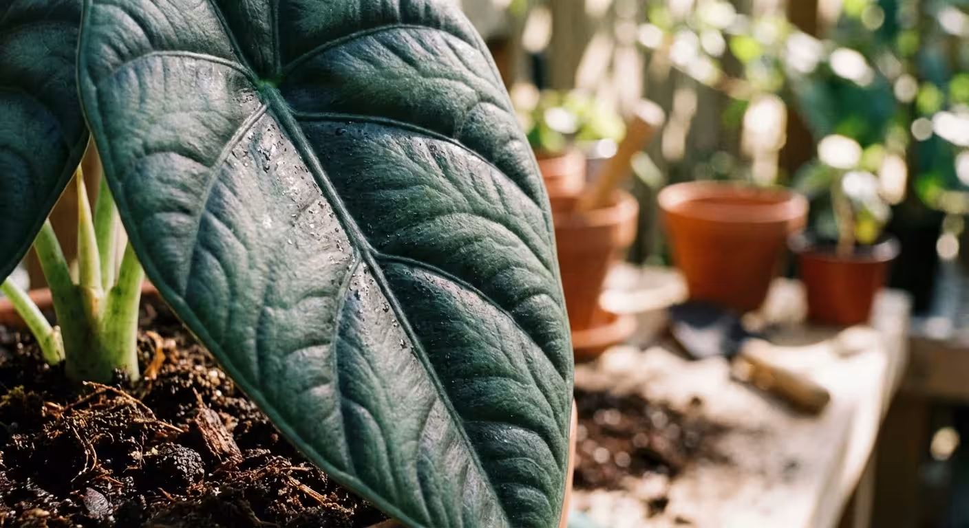 Close-up of Alocasia leaves and dark potting soil in soft light.