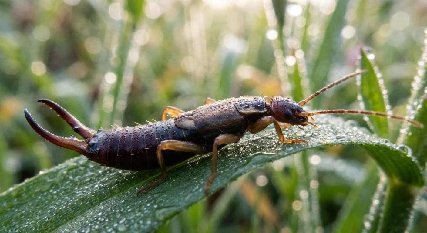 Close-up of an earwig insect on a green leaf showing its pincers.