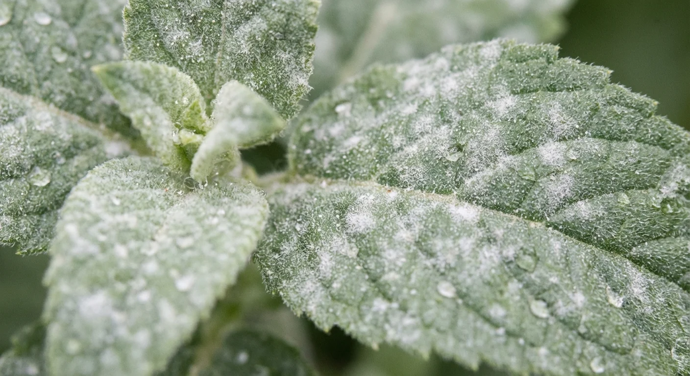 Close-up of Bee Balm leaves affected by powdery mildew.
