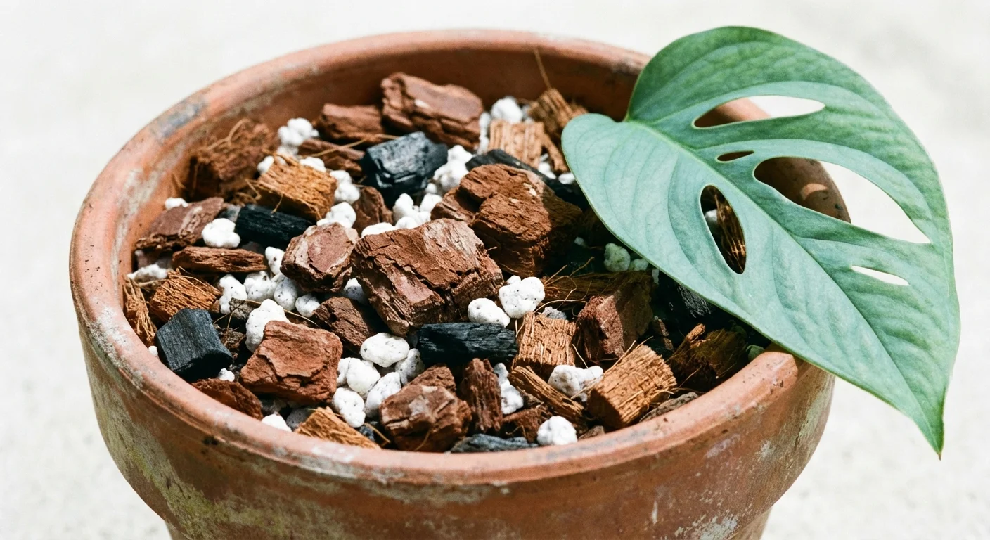 Close-up of chunky, well-draining potting soil mix with perlite and bark.