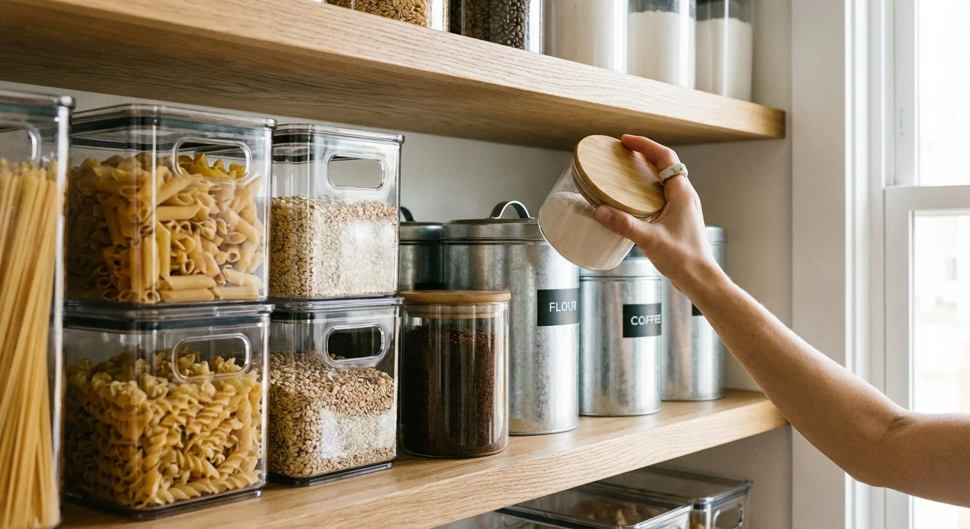 Close-up of clear storage bins and galvanized steel cans on wooden shelves for pest-proof garage organization.