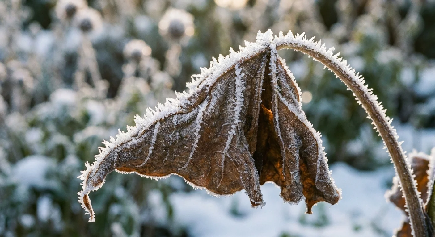 Close-up of frost damage on a tropical Alocasia leaf.