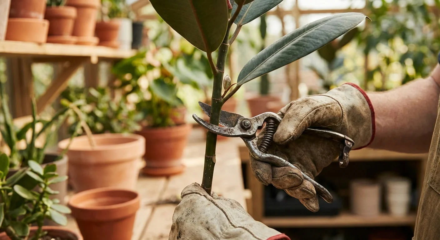 Close-up of garden shears cutting a rubber plant stem precisely below a node.