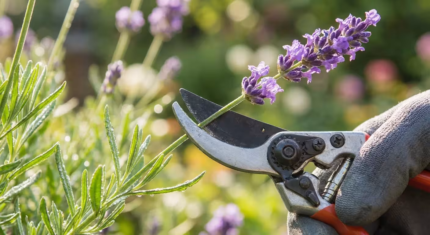 Close-up of gardening shears pruning a healthy lavender plant.