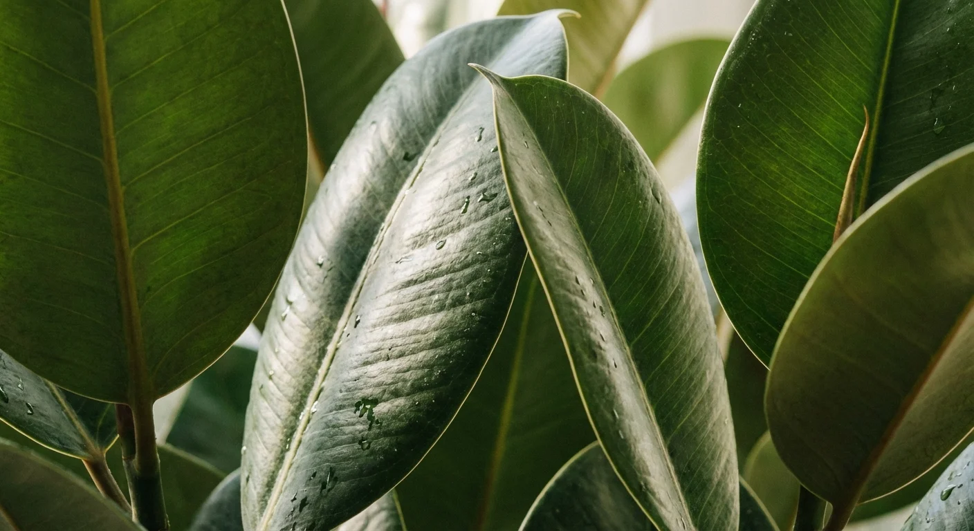 Close-up of glossy Rubber Plant leaves under soft, diffused sunlight.