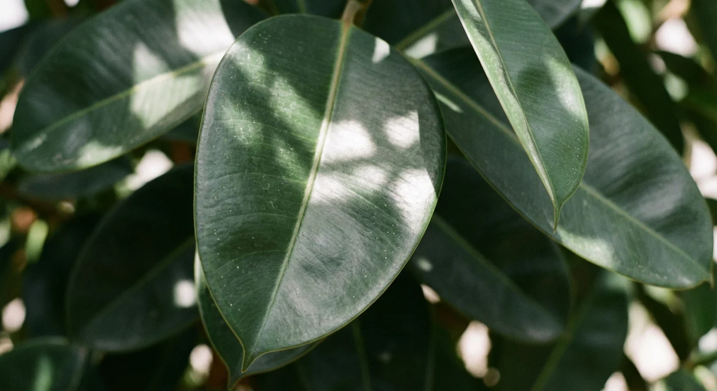 Close-up of glossy rubber plant leaves with soft, dappled sunlight filtering through.
