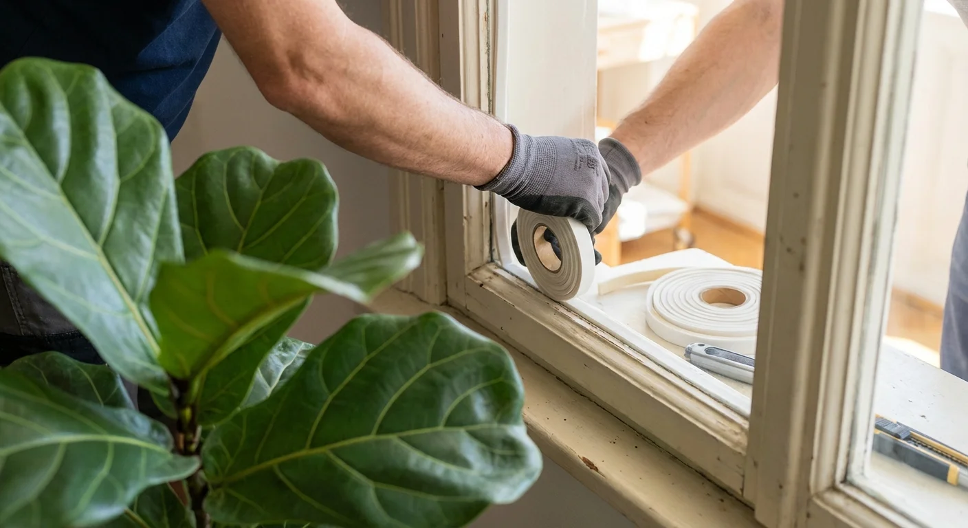 Close-up of hands applying weatherstripping to a window frame next to a large leaf plant.