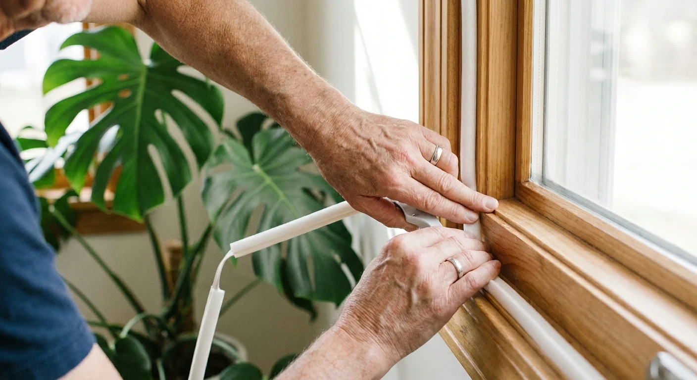 Close-up of hands applying weatherstripping to a window frame to prevent drafts.