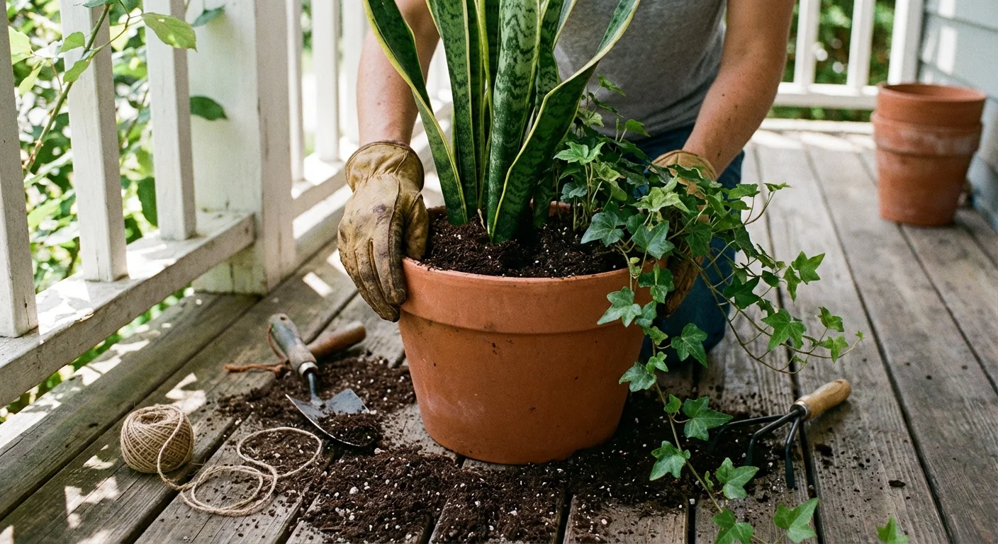 Close-up of hands arranging a variety of plants in a large terracotta pot on a sunlit porch.