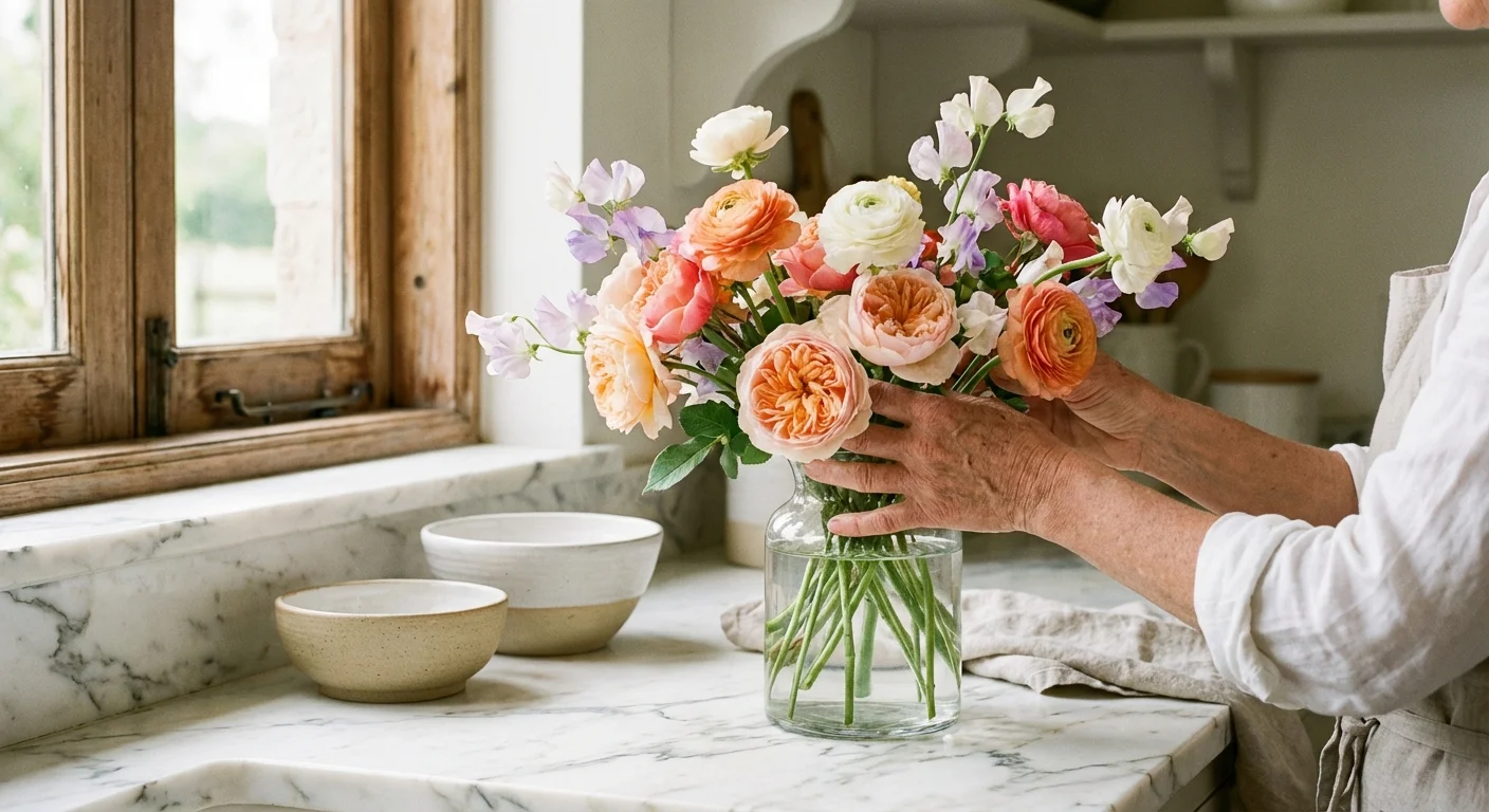 Close-up of hands arranging fresh flowers in a bright kitchen to bring good luck.