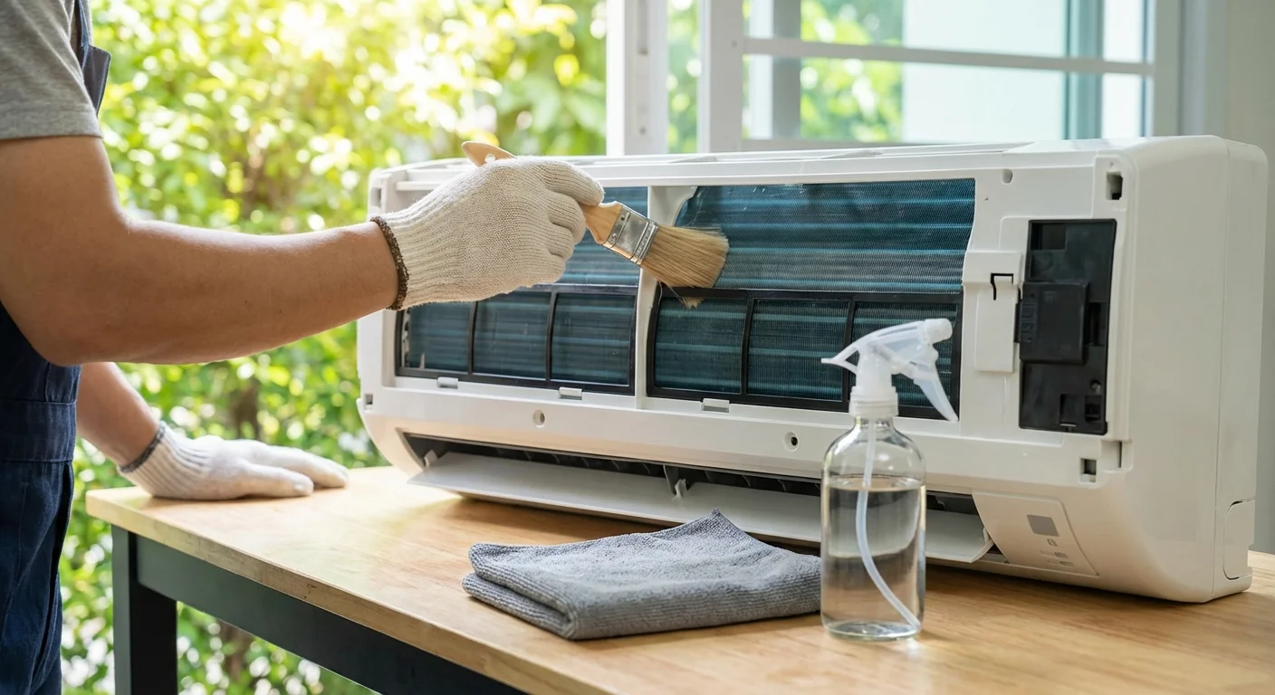 Close-up of hands cleaning a modern air conditioner unit with professional DIY tools.