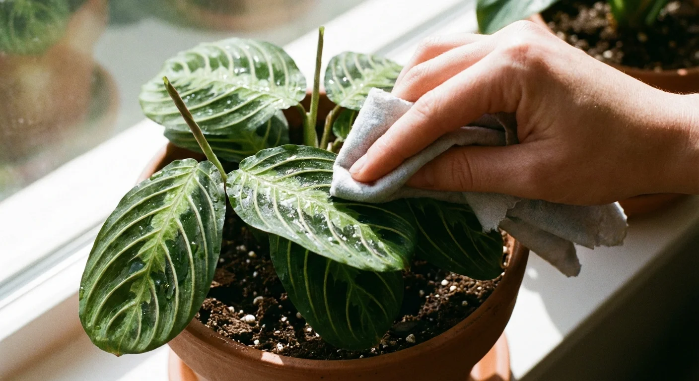 Close-up of hands cleaning a Prayer Plant leaf to help it absorb more light.