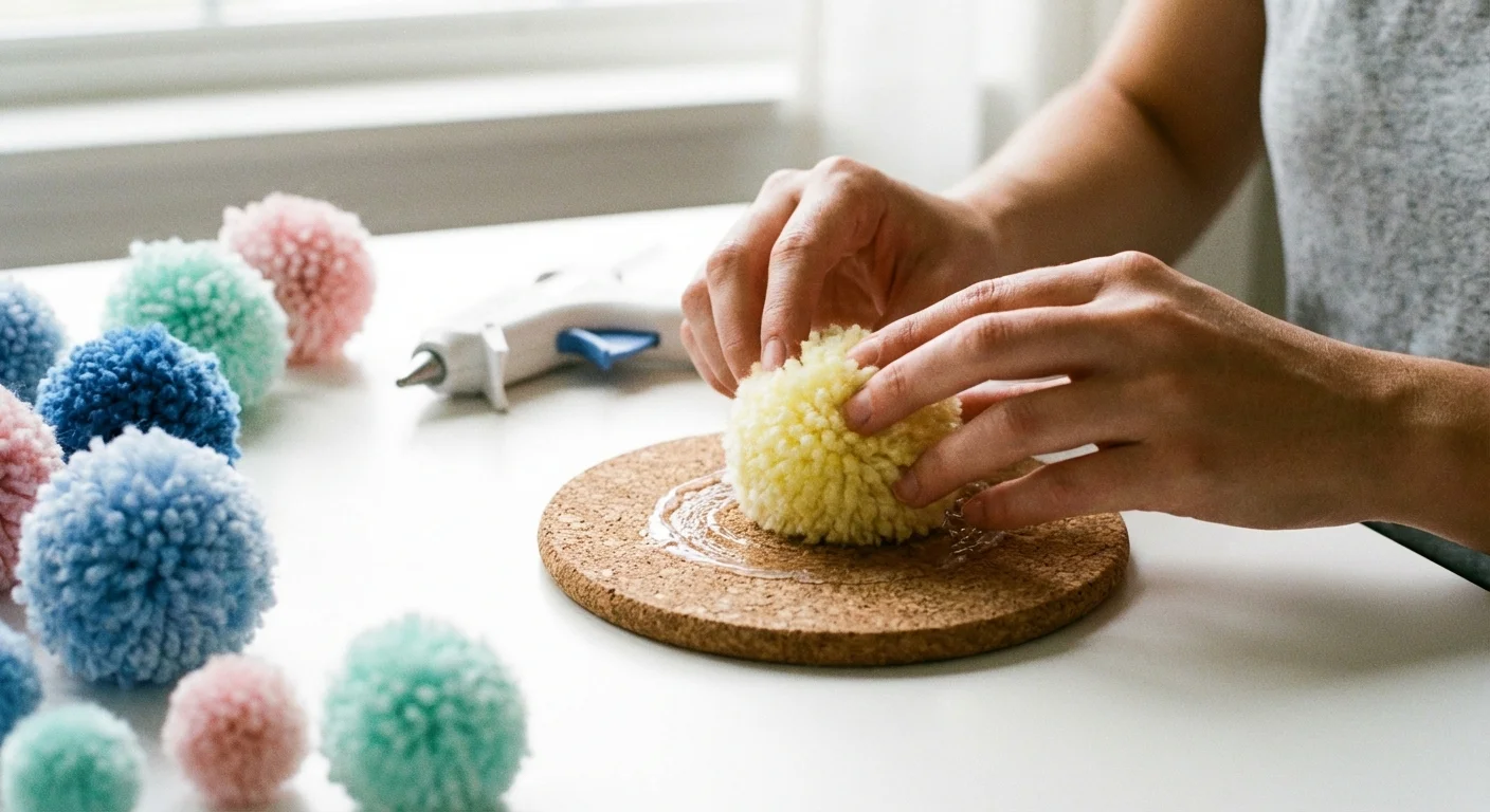 Close-up of hands glueing colorful pom poms onto a cork coaster base.