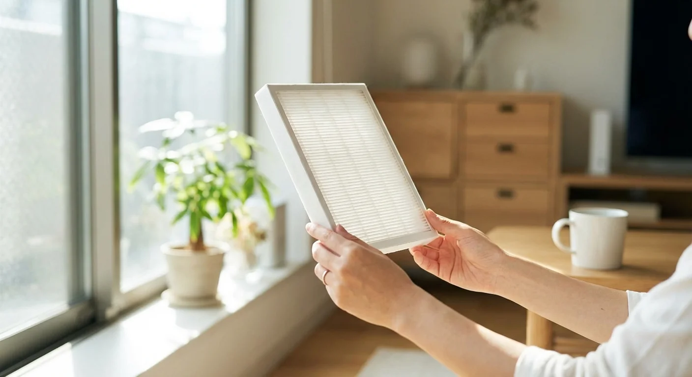 Close-up of hands holding a filter in a sunlit, modern home setting.