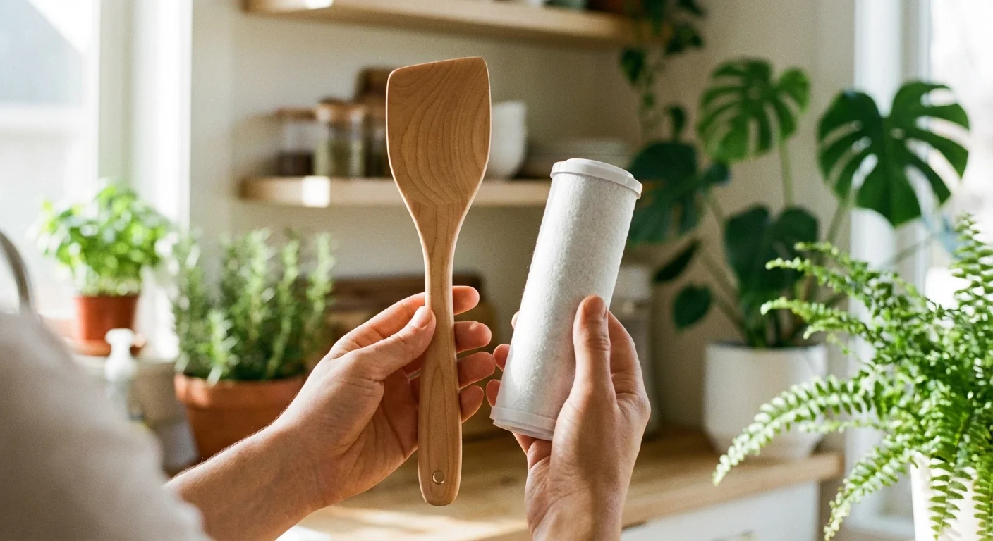 Close-up of hands holding a new wooden spatula and a water filter in a bright kitchen.