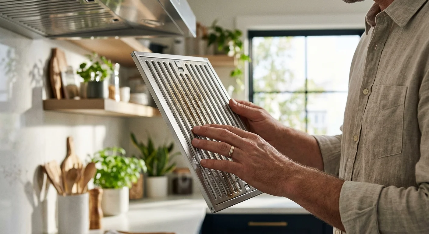 Close-up of hands inspecting a clean range hood filter in a bright, modern kitchen, emphasizing proactive maintenance.