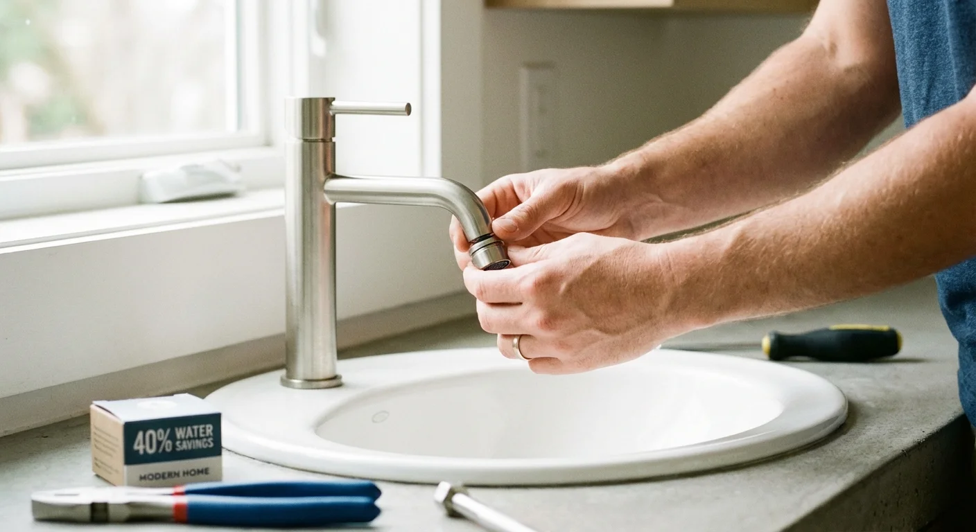 Close-up of hands installing a water-saving device on a kitchen faucet.