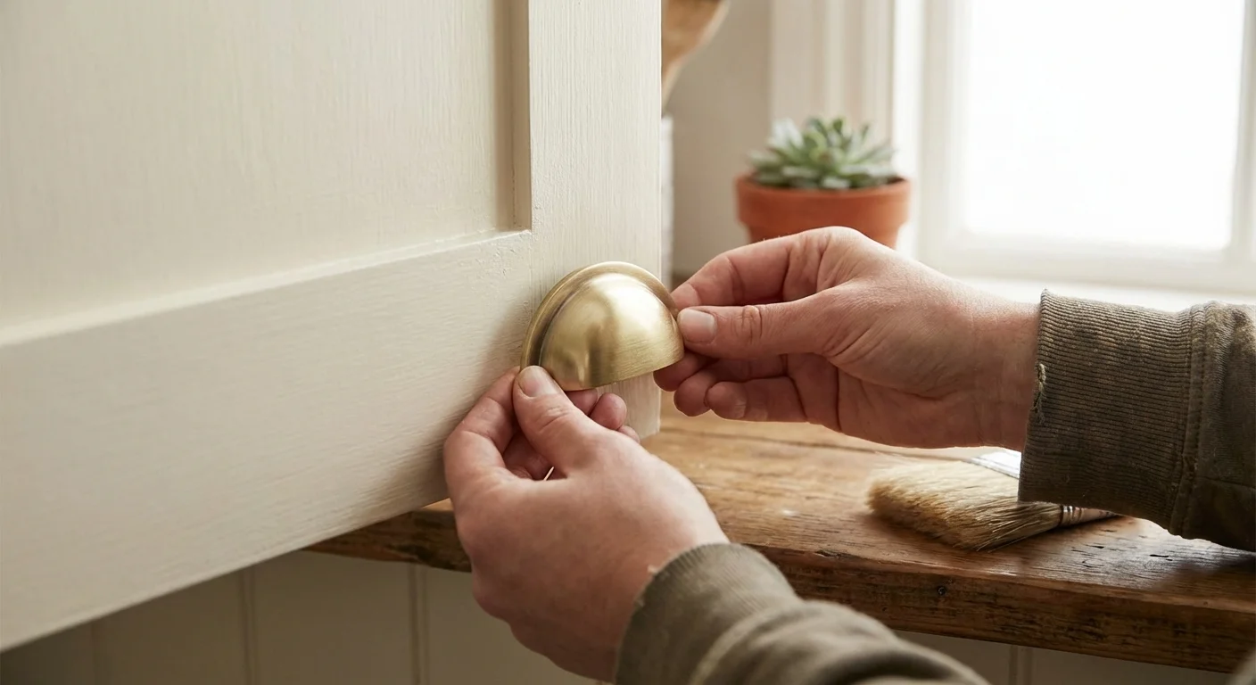 Close-up of hands installing new brass hardware on a cream-colored kitchen cabinet with a paintbrush nearby.