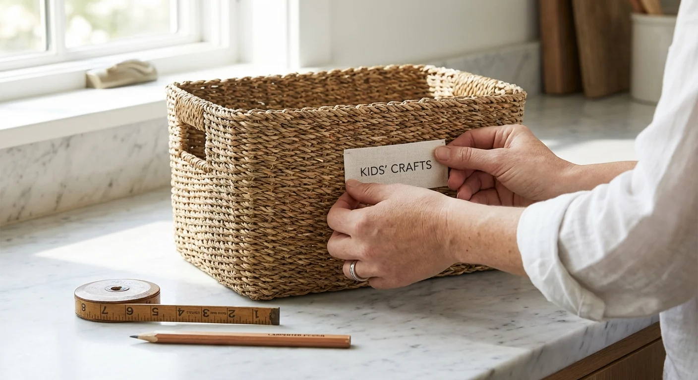 Close-up of hands labeling a storage basket as part of a DIY home organization project.