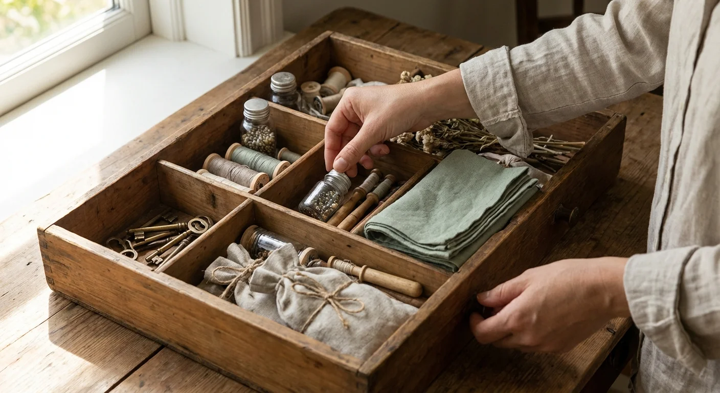Close-up of hands organizing a wooden drawer filled with small household items in a sunny room.