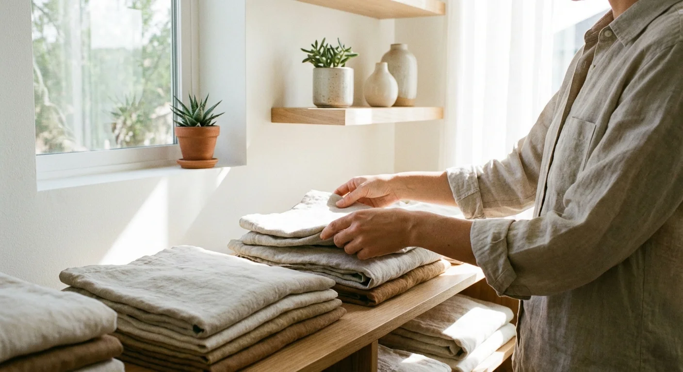 Close-up of hands organizing clothes in a bright, peaceful closet space.