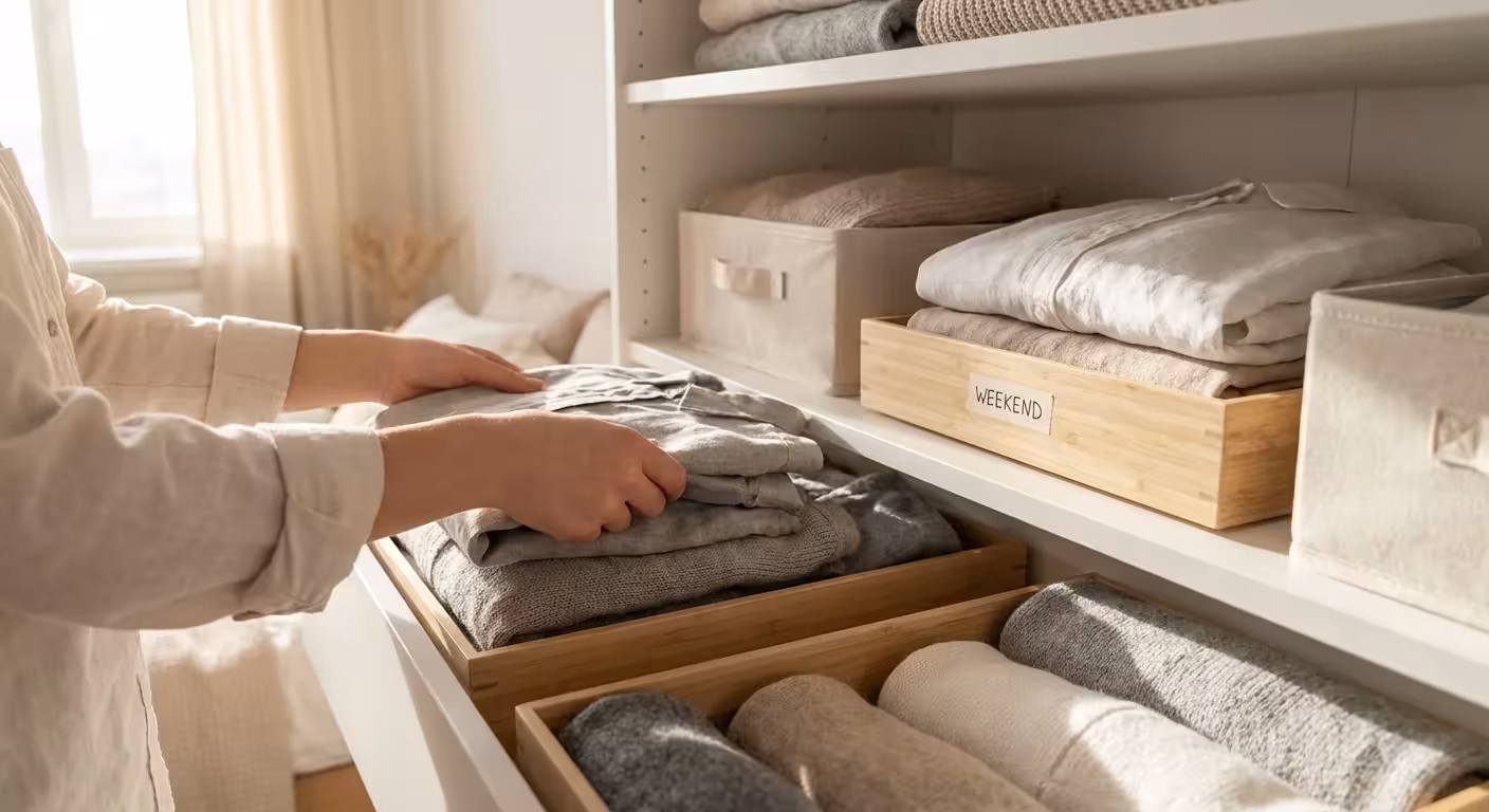 Close-up of hands organizing clothes in a white IKEA closet unit with wooden dividers and warm lighting.