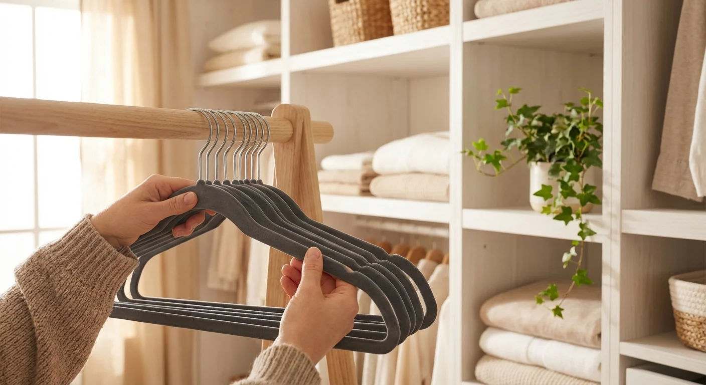 Close-up of hands organizing clothes on slimline velvet hangers in a bright, modern closet with plants.