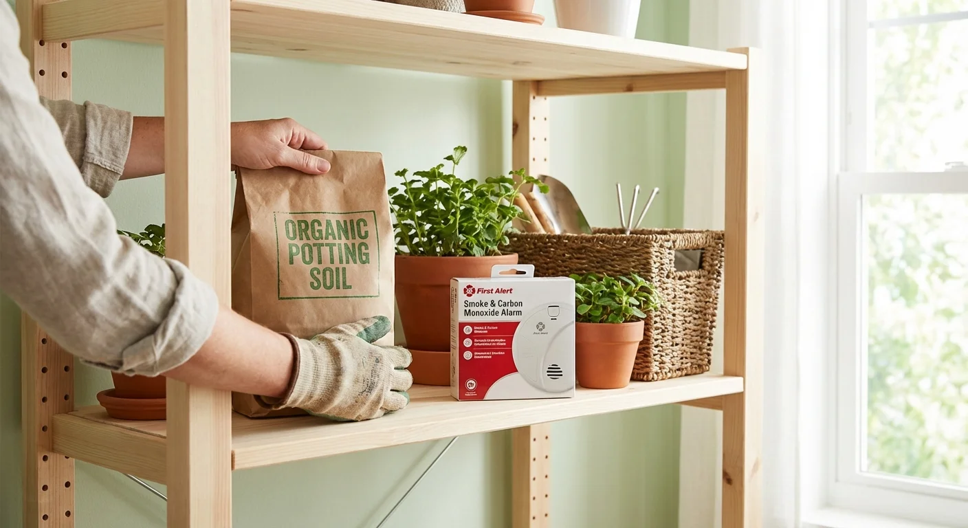 Close-up of hands organizing fresh potting soil and safety equipment on a clean wooden shelf.