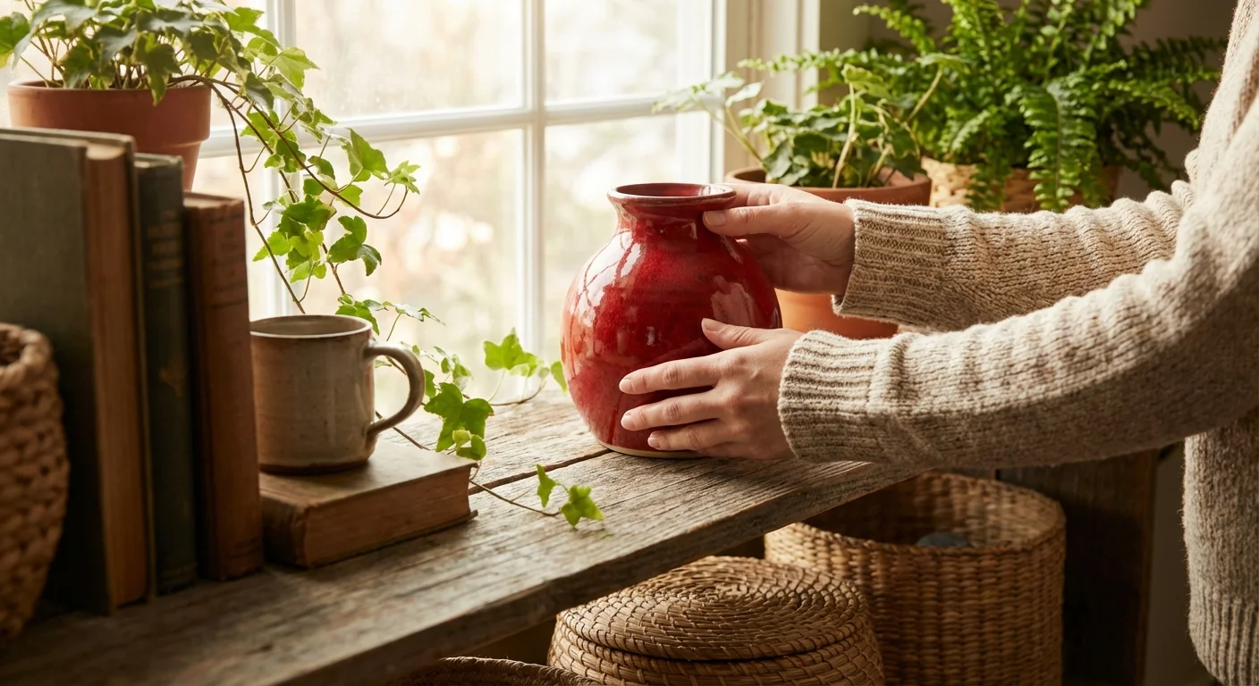 Close-up of hands placing a bright red vase on a wooden shelf with plants.