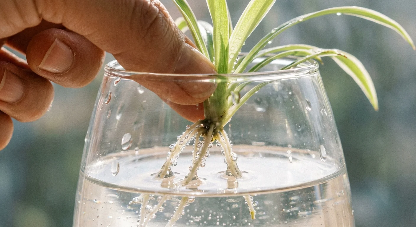 Close-up of hands placing a spider plant baby into a glass of water for propagation.