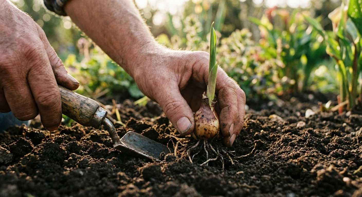 Close-up of hands planting a calla lily bulb into dark, rich garden soil.