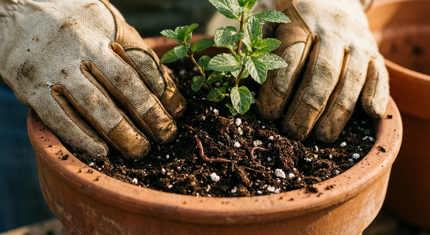 Close-up of hands planting a peppermint herb in a terracotta pot with fresh soil.