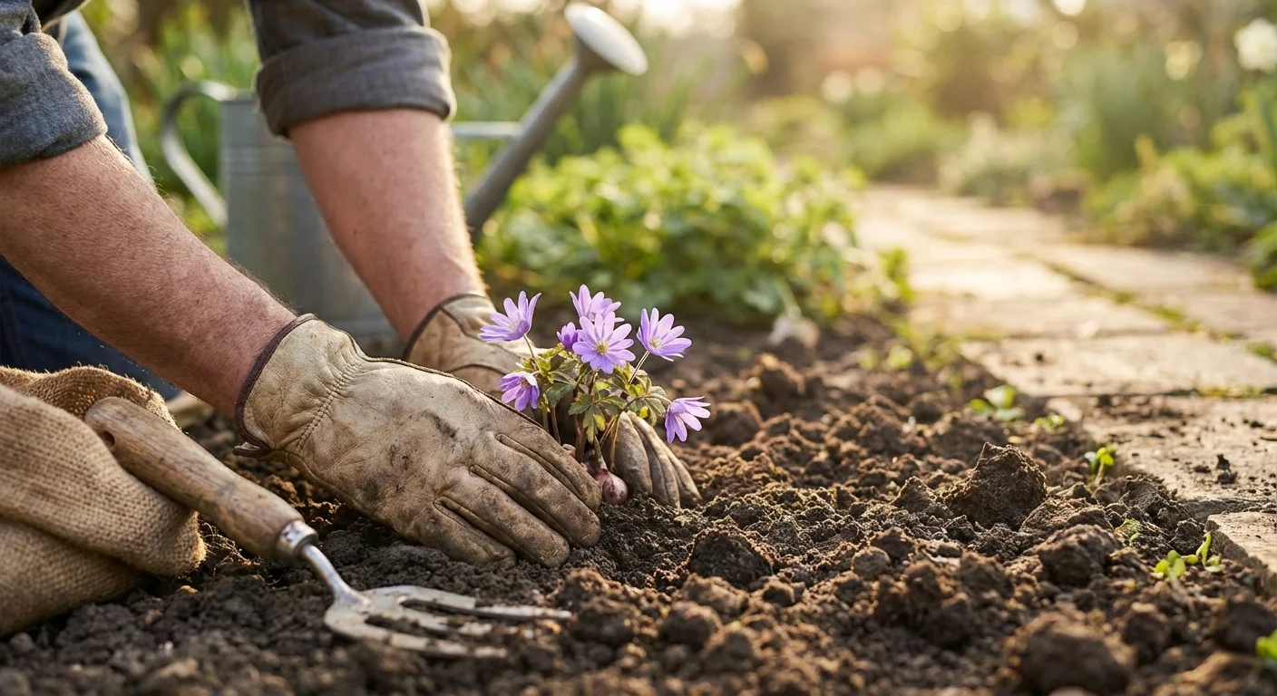 Close-up of hands planting purple windflowers in a sunny garden bed with rich soil.