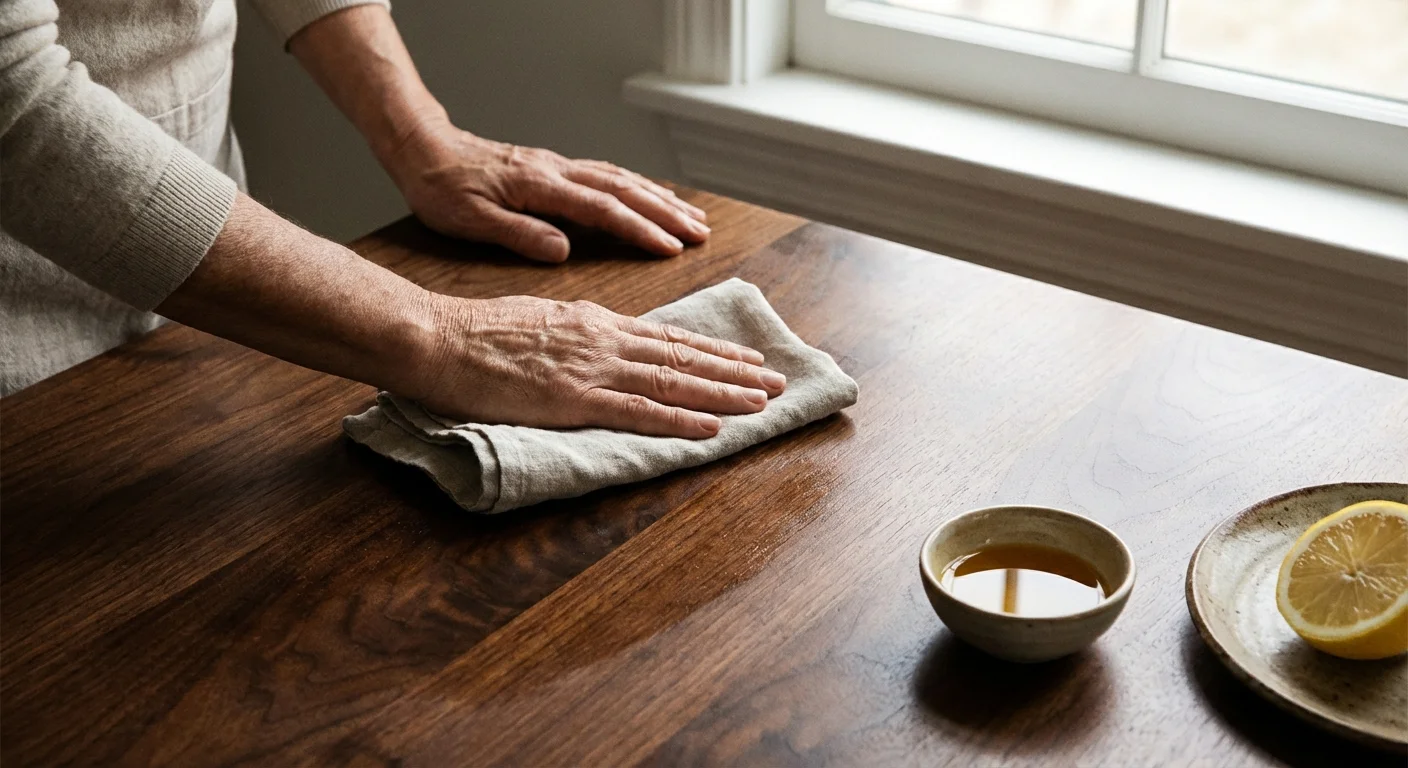 Close-up of hands polishing wooden furniture with a cloth and olive oil in a bright room.